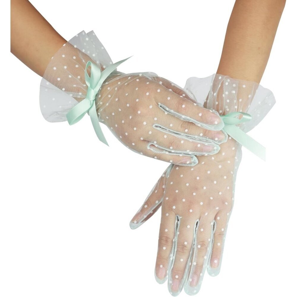 Women's Evening Light Blue Bow Short Lace Gloves Ruffles Wedding Accessories
